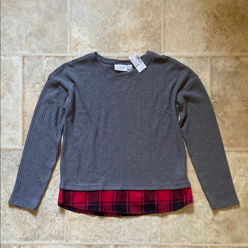 Place Gray Waffle Knit Long Sleeve Tee with Plaid Hem